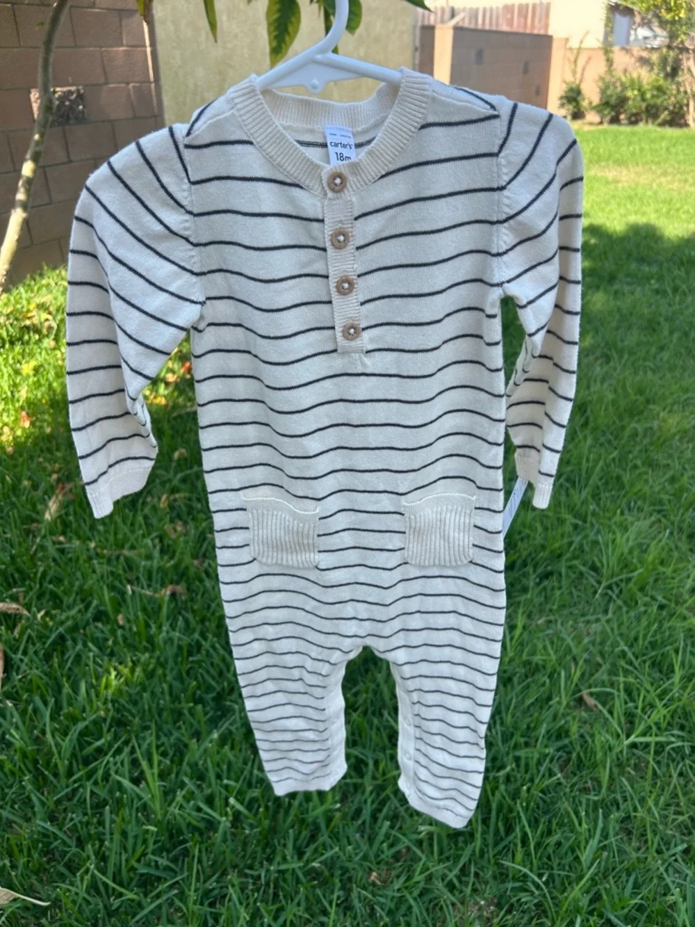 Carter's Cream and Black Striped Knit Romper